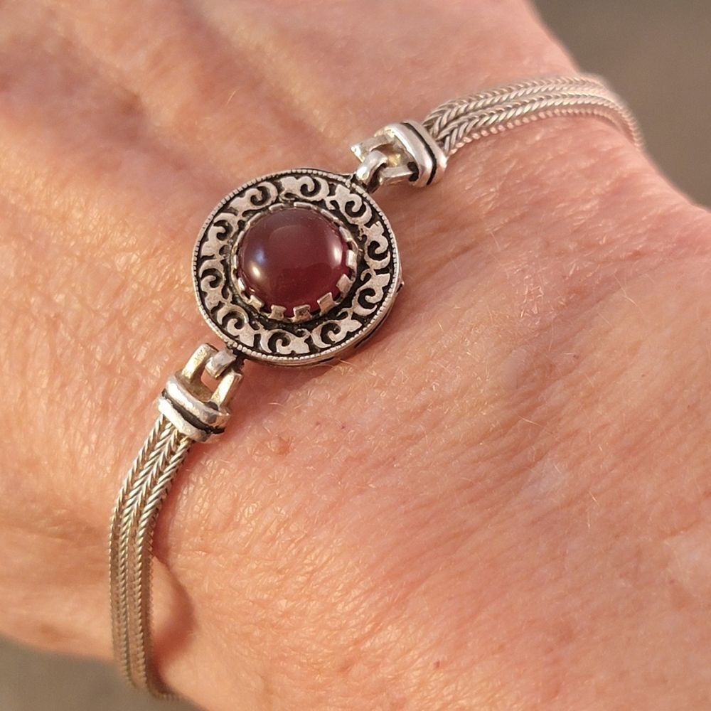 Bali Style Sterling Dark Pink Tourmaline Cabochon Chain Bracelet